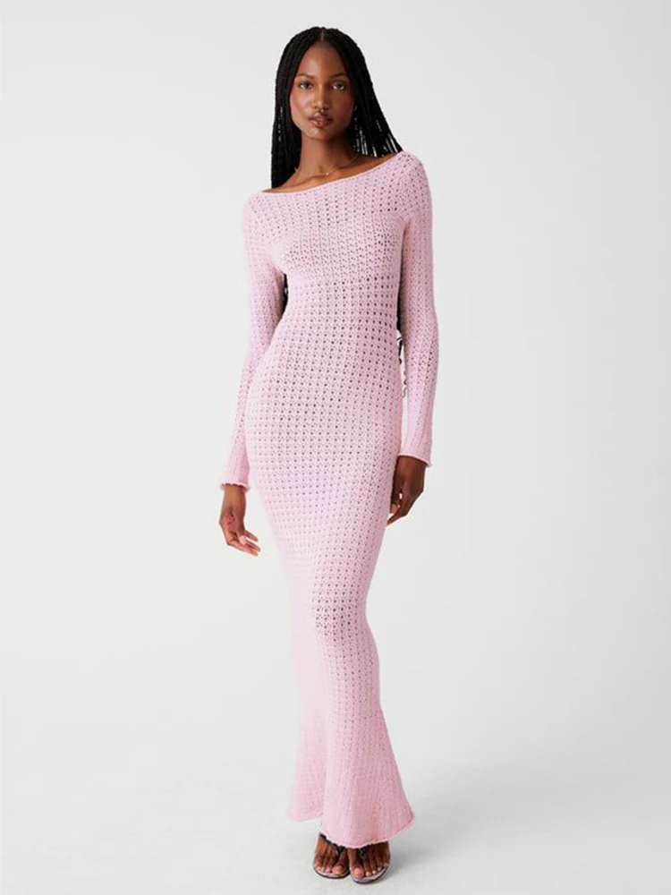 Robe de soirée en tricot à manches longues pour femmes, dos nu, découpé, slim, maxi, maillots de bain, couvertures de bikini, robe de soirée, été, 2024, A2777