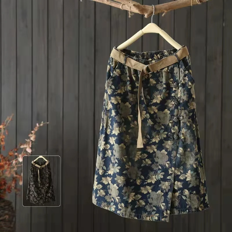 

Длинная юбка трапециевидной формы с винтажным принтом, женская джинсовая юбка больших размеров с неровными разрезами, высокая талия, весна-лето, повседневная работа