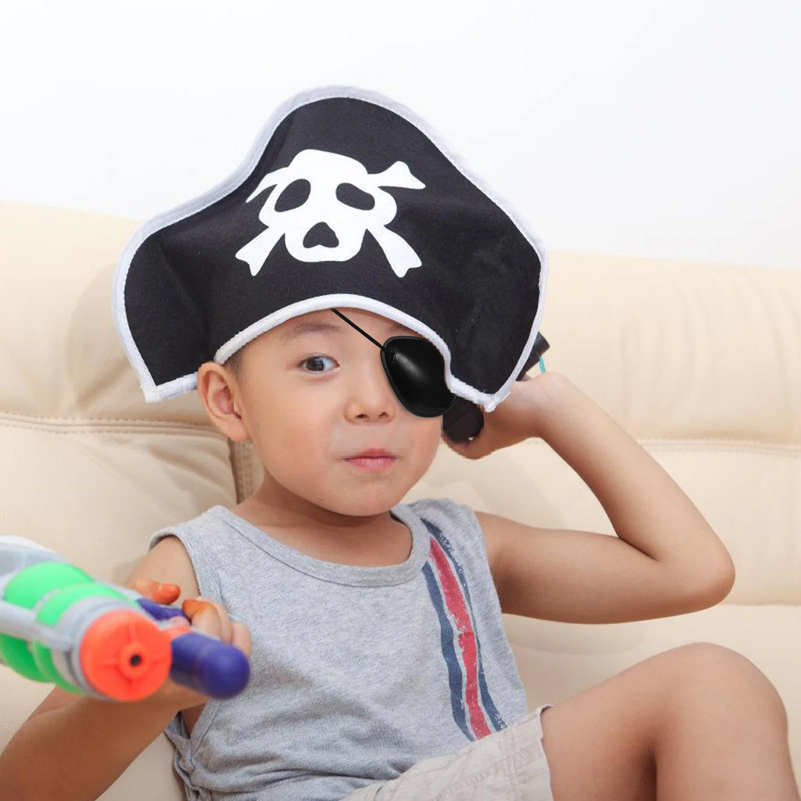 Pirate Eye Mask Black Patch Adjustable Fits Cosplay Halloween Kids Party Hat Accessories Reusable Comfortable Design