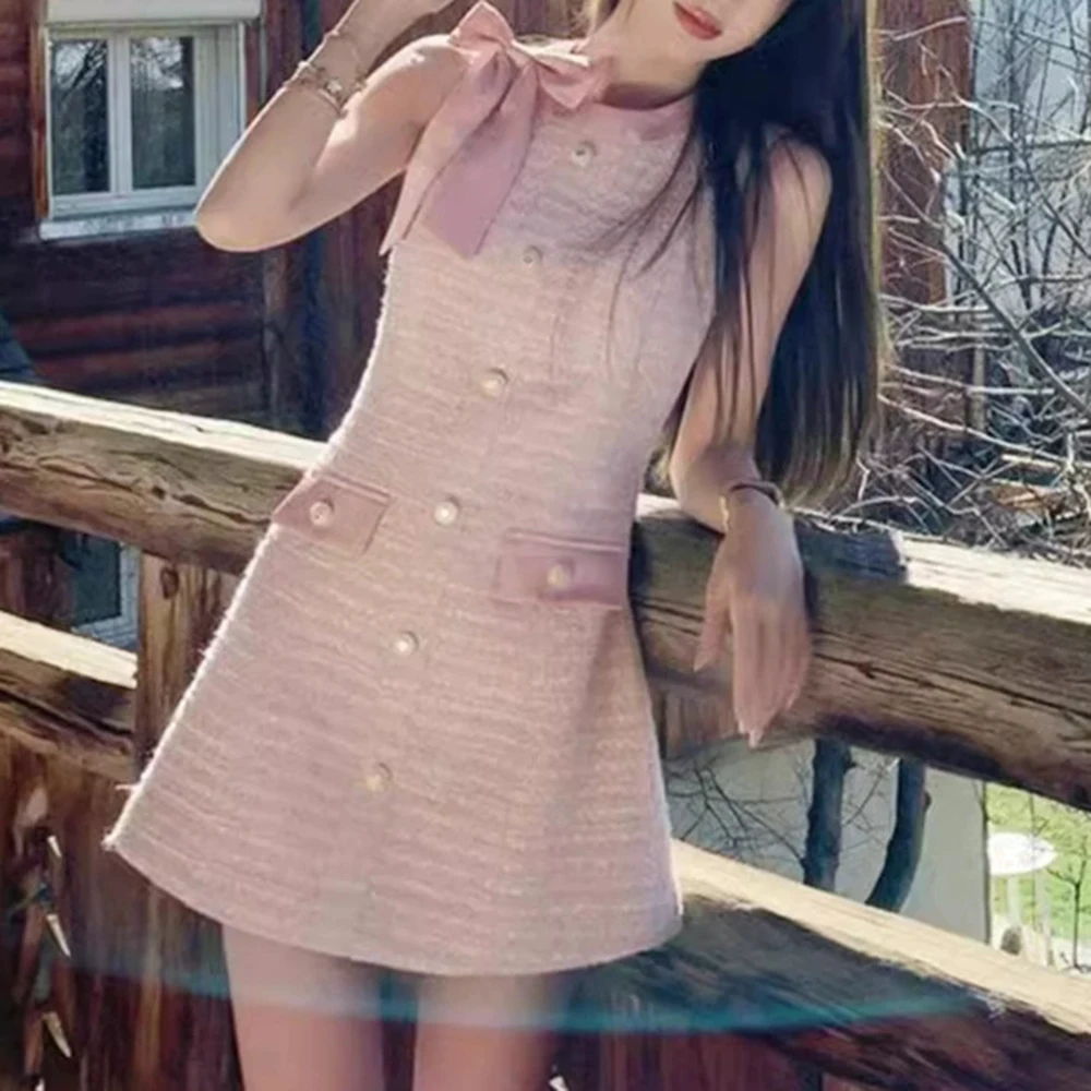 

French Tweed Dress Summer Women 2025 New Bowknot Slim Short Skirt-GZXX711