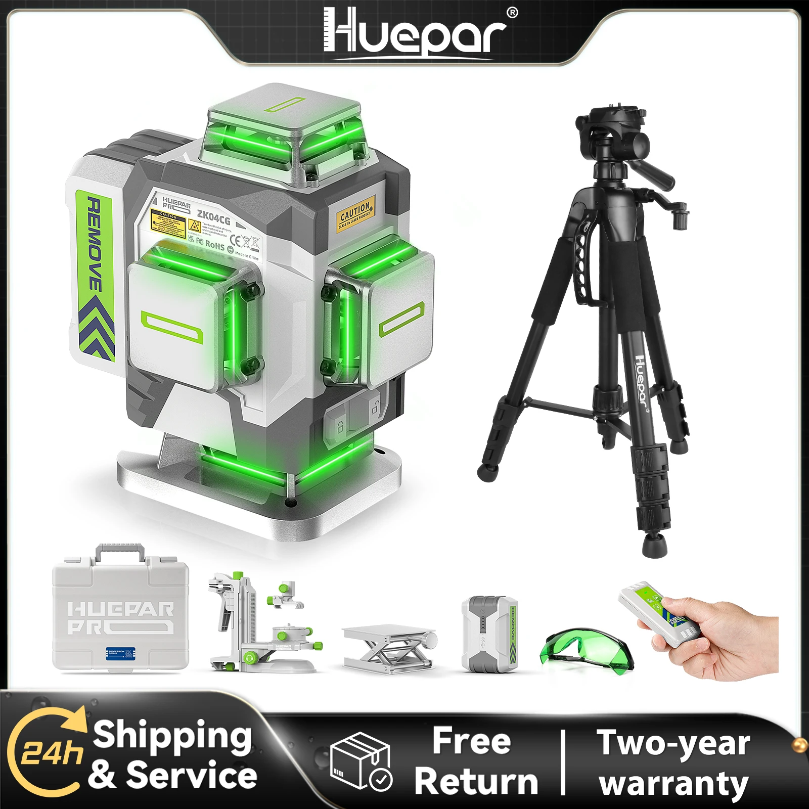 Huepar 4D Cross Line Laser Level With 1.43m Tripod High Precision ±2mm/10m Self Leveling  Laser Tools 8000mAh Li-ion Battery