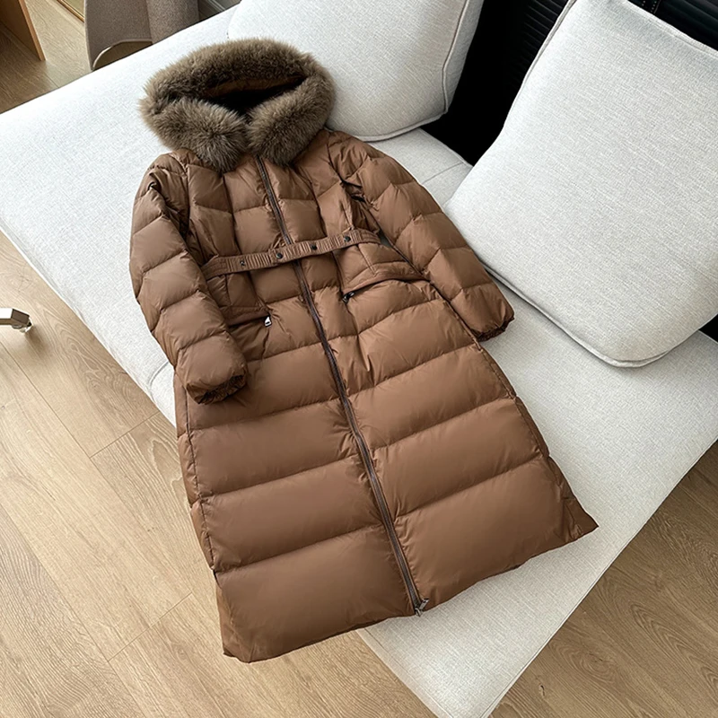 2024 Winter Big Fox Fur Collar Women Long White Duck Down Coats Fashion Slim Waist Thick Female Warm Hooded Down Jacket Clothes