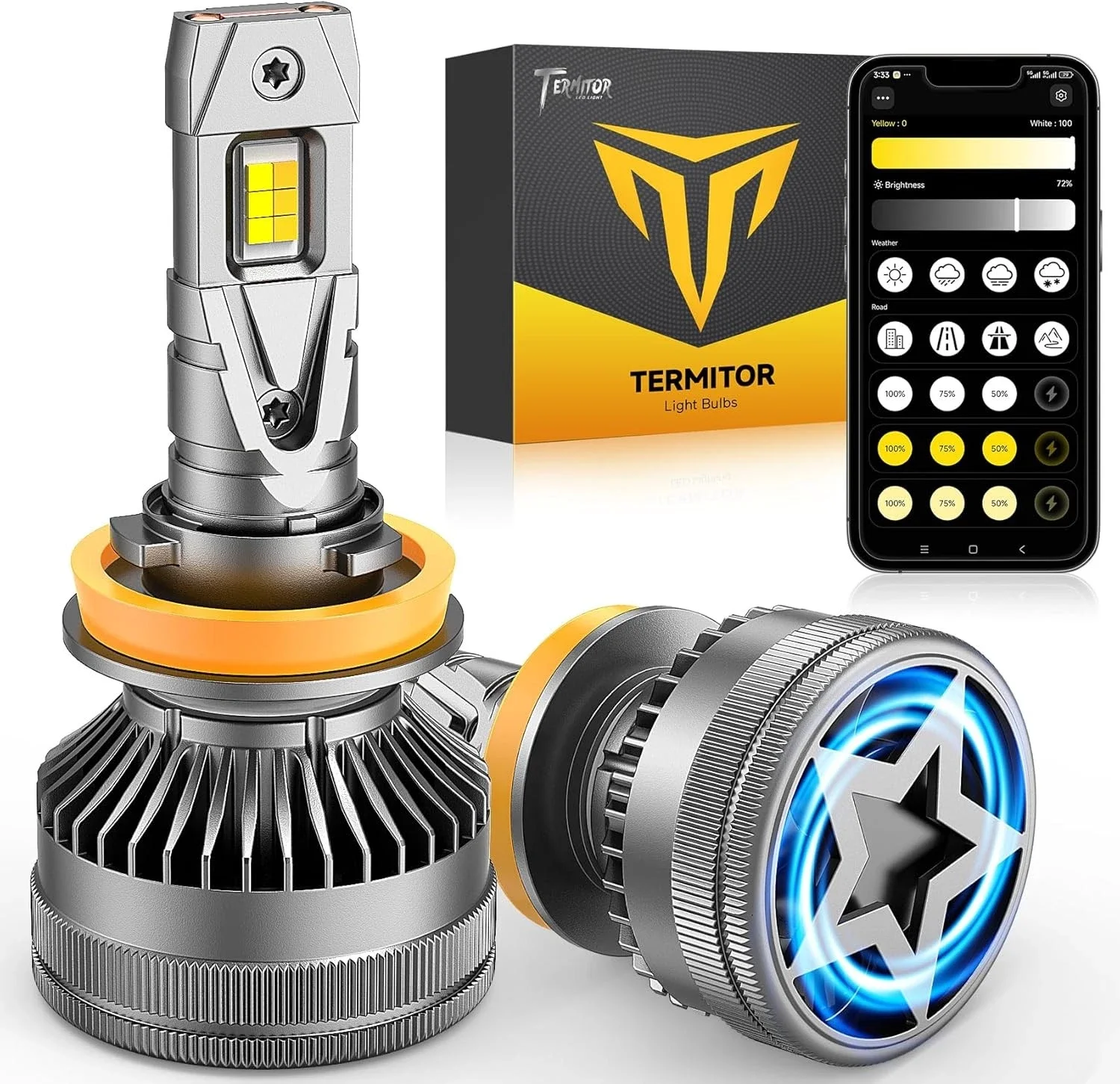 Termitor Smart H11/H8/H9/H16 LED Headlight Bulb, 0-200000LM 2000% Super Brighter, App-Controlled Dimming & Color Temperature, 3000K Yellow to 6500K Cool White for Bluetooth High/Low/Fog Light Beam, Plug and Play, Pack of 2