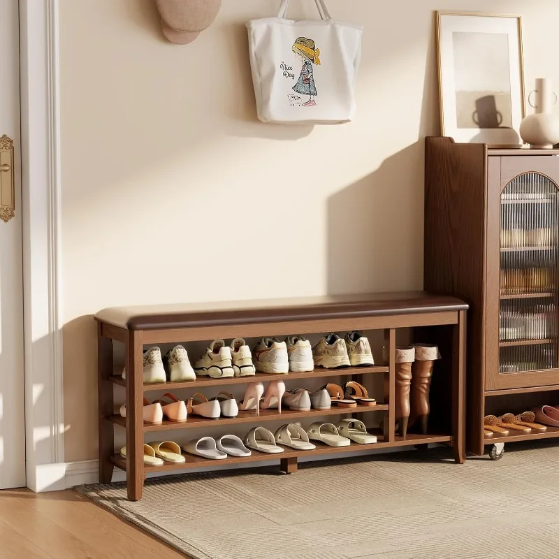 home.Shoe Bench Rack with Leather Cushion,Entryway Bench,Entryway Storage Bench for Hallway, Living Room,Bedroom(Walnut)