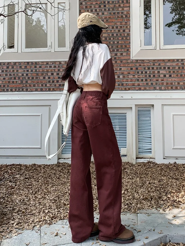 2023 Autumn and Winter Brick Red High Waist Straight Leg Wide Leg Jeans Women\'s Loose Pants Show Thin and Tall Appearance