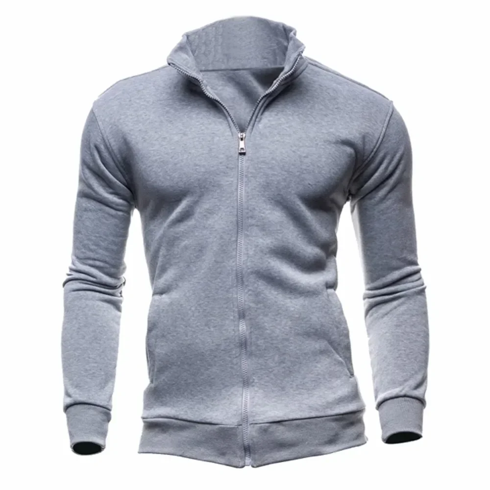 New Men's Jackets Hoodless Casual Sweatshirts Solid Color Stand-up Collar Zipper Cardigan Coats Male Vintage Hoodie Jackets