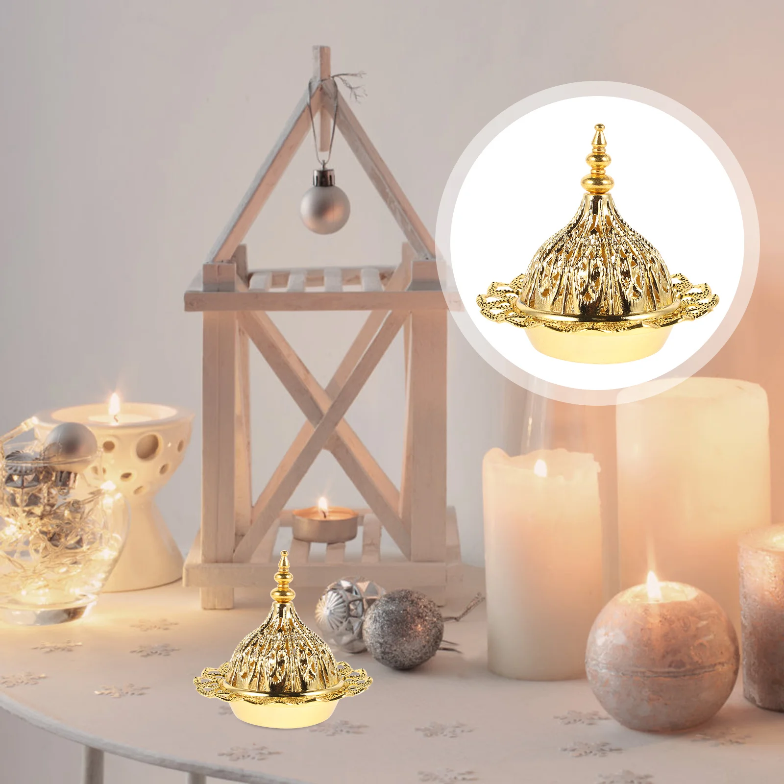 

2pcs Metal Incense Burner Gold Hollow Lotus Design Arabic Style Censer For Aromatherapy Meditation Spiritual Rituals Decorative