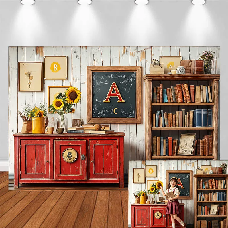 

LS School Themed Photography Backdrop Blackboard Sunflower Red Wooden Crate Birthday Party Kids Adult Portrait Photo Background