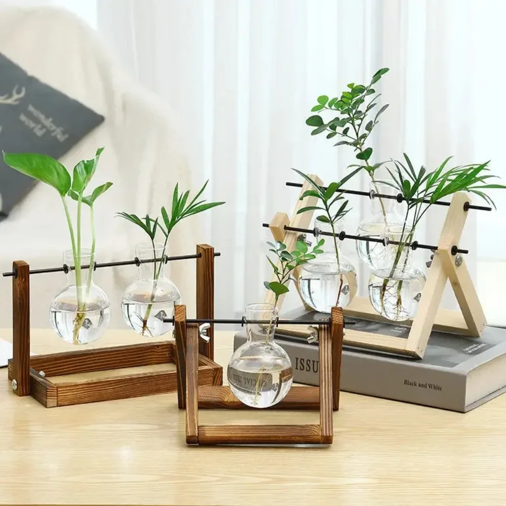 Wooden Stand Round Ball Glass Propagation Vase Hydroponic Plant Terrarium with Wood Frame Tabletop Decor for Home Office