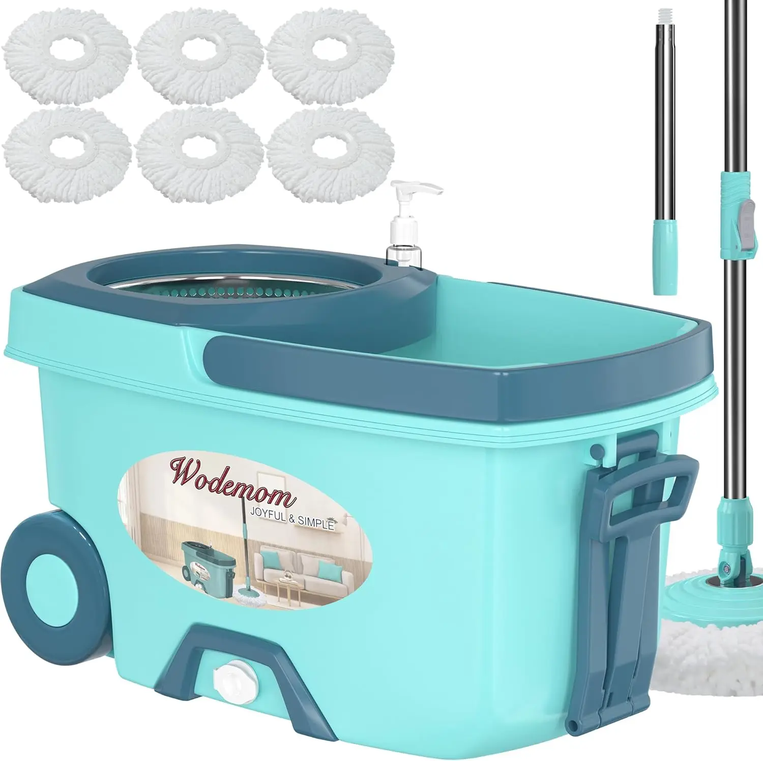 

Spin Mop and Bucket Set with Wringer, 6 Refills, 61" Handle for Easy Floor Cleaning - Green