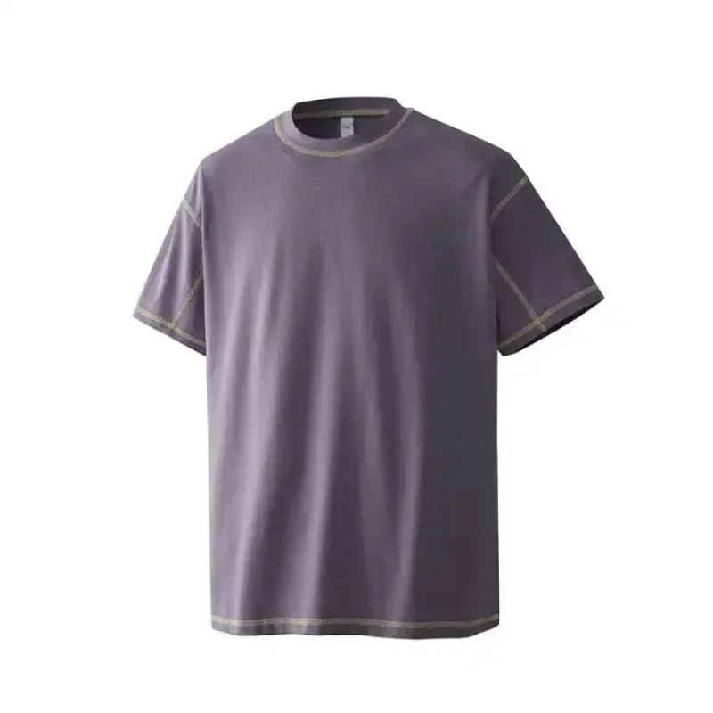 2026 Summer Men's American Sporty Style Workout T-Shirt Solid Color Striped Design Small Logo Vintage Loose Fit Casual Short Sle