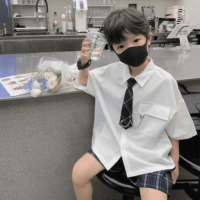 

Boys' Summer Set New Kids Outfit Children's JK Thin Tie Chain+Shirt Shorts Two Piece Set