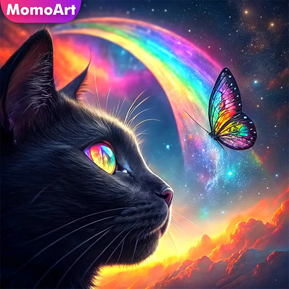 Momoart Diamant-Gemälde, schwarze Katze, neue Kollektion, DIY, Mosaik, Schmetterling, Tierbild, Strasssteine, Stickerei, Urlaubsgeschenke