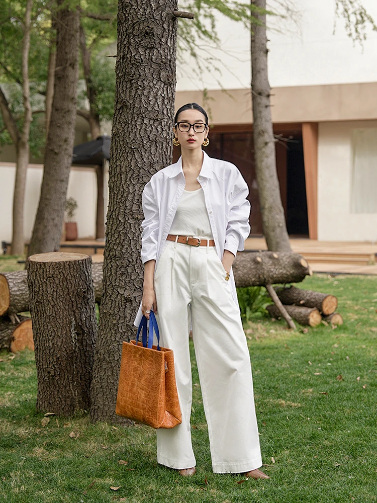 

Женские повседневные брюки с высокой талией, широкими штанинами, из хлопка, с кожаным ремнем, в стиле кэжуал, для города, весна 2025