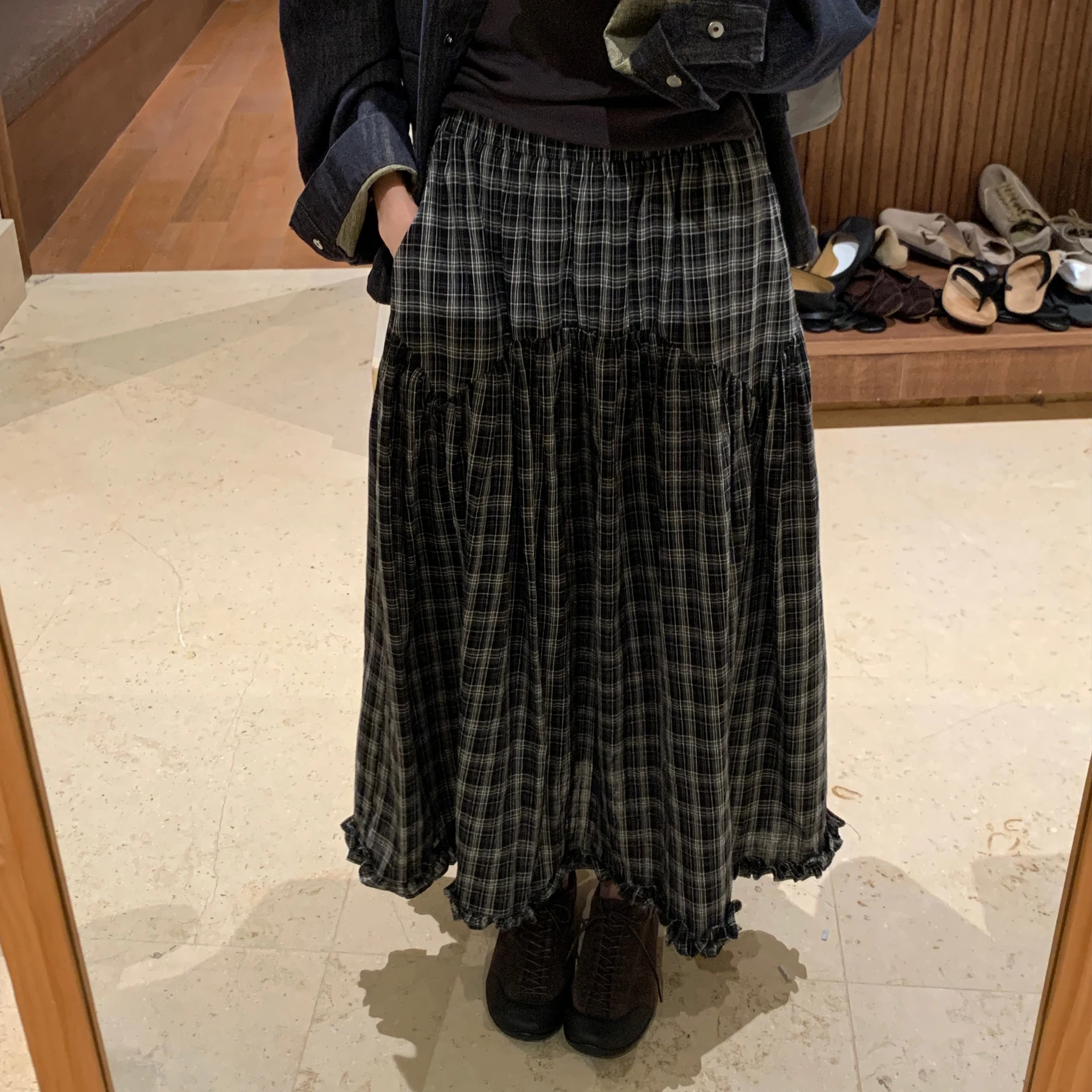 

BRIVIN Retro Bla Plaid ter Ne Dr Женская весенне-летняя юбка миди с эластичной талией, утягивающая фигуру, Wood ain