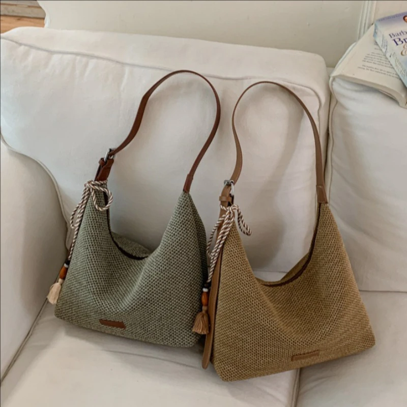 New Women Olive Woven Crossbody Bag Leather Trim Tassel Bead Charm Slouchy Shoulder Hand Carry Casual Daily Travel Ladies Purse