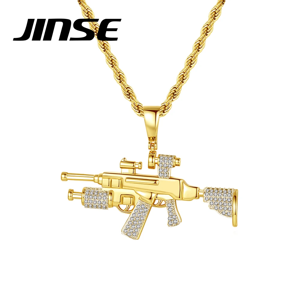 JINSE Punk Cubic Zirconia M4 Gun Pendant Necklace Gold Color Creative Cool Drop Chain for Man Male 2023 New Trendy Jewelry Gifts