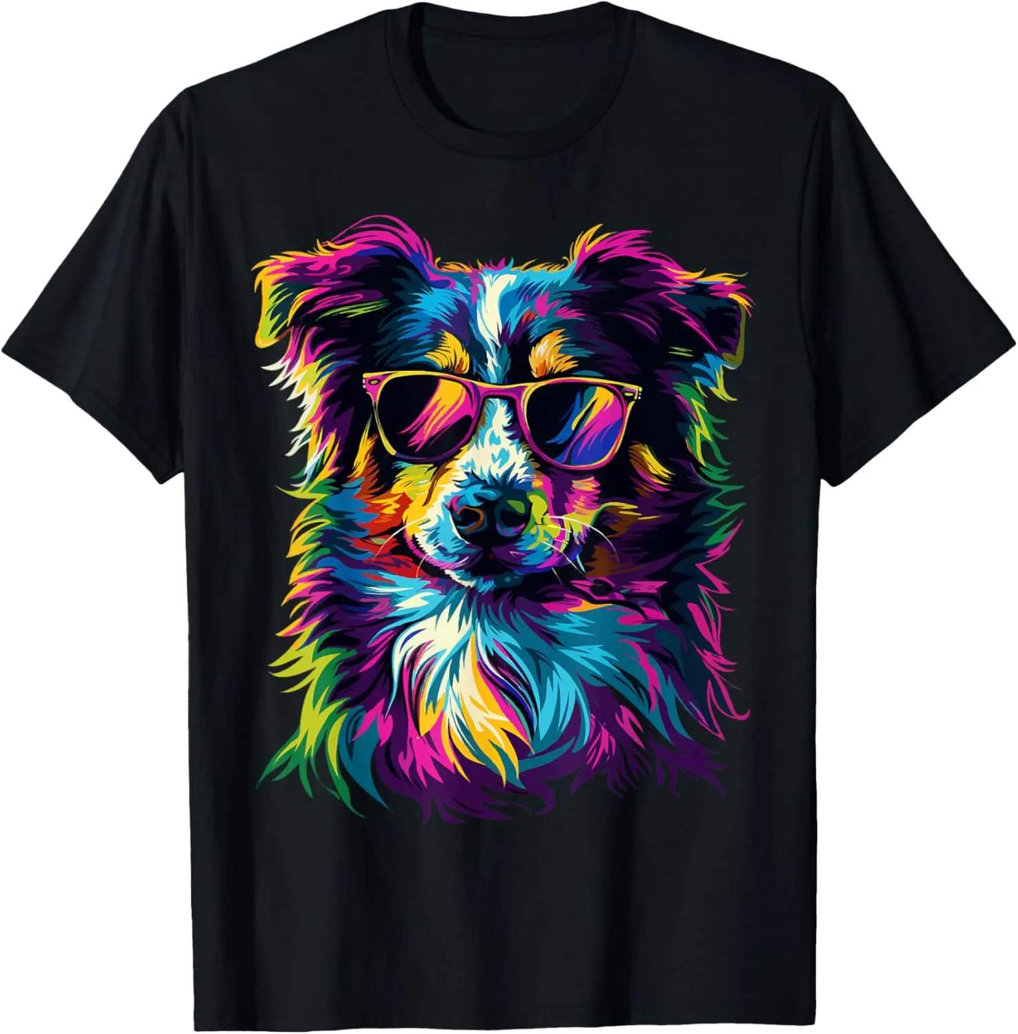

Vibrant Pop Art Australian Shepherd Dog Sunglasses Graphic Tee Soft Cotton Short Sleeve T-Shirt for Trip