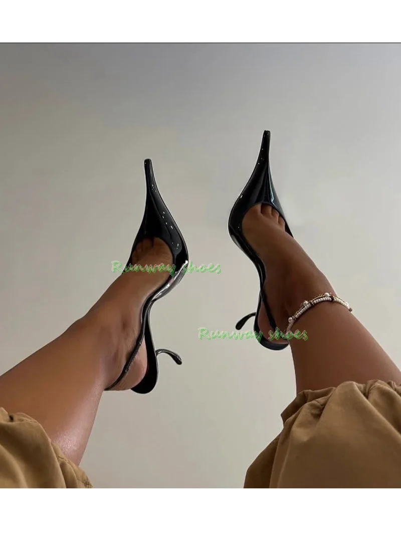 Ultra-Pointed Toe Arc Stiletto Heel Black Glossy Finish Patent Leather Rear Ankle Strap Asakuchi Women's Evening Shoes 2025
