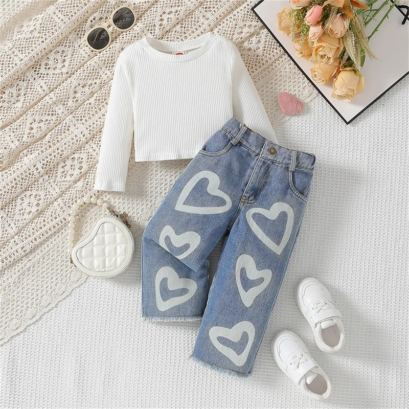 1-6Y Little Girl Spring Fall Outfits Solid Color Long Sleeve Crew Neck Pullover t shirt Heart Pattern Denim Long Pants 2Pcs Set
