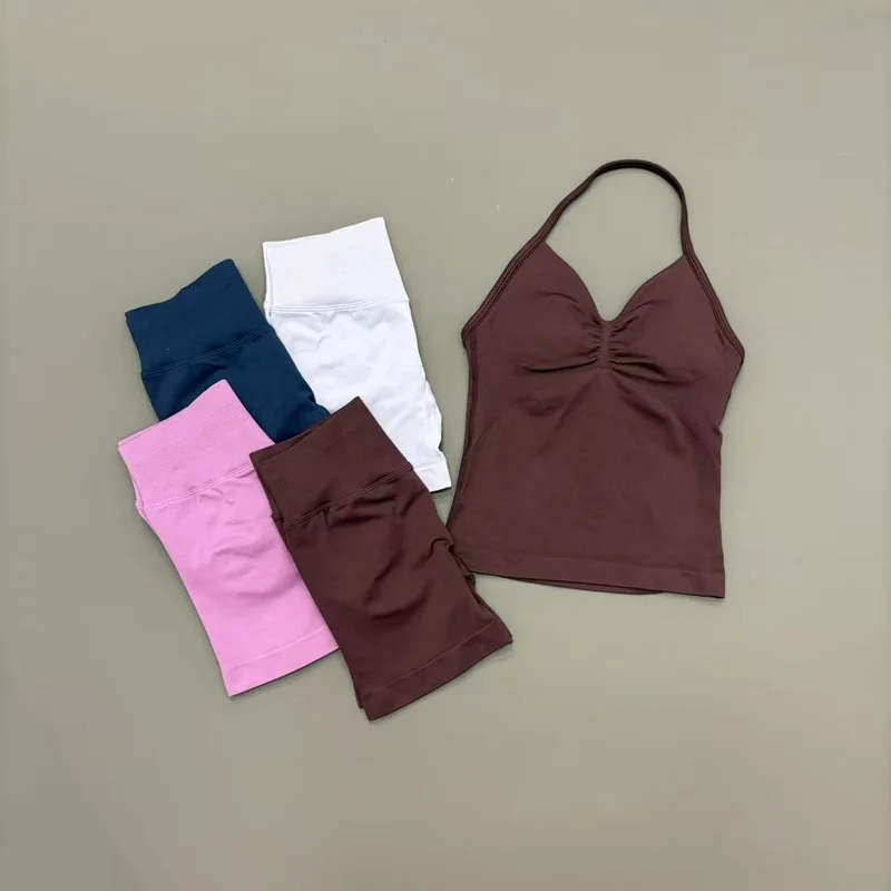 2 Piece Gym Set Women Seamless Longline Strappy Top Yoga Scrunch Shorts Workout Suit Quick Dry Breathable Running Sports Sets view 5