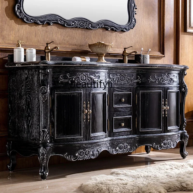 

11841High-End Red Oak Log Bathroom Cabinet Double Basin Wash Face Wash Basin Combination Black Open