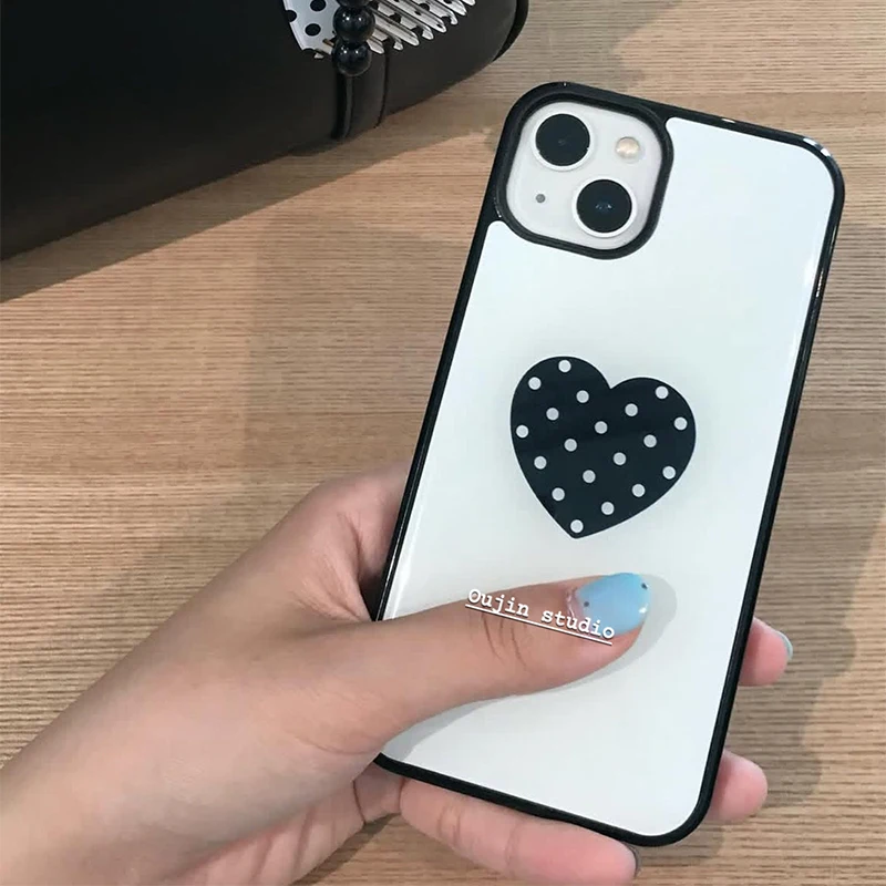 Black Love Heart White Polka Dots Black Border Drip Glue Phone Case For iPhone 17 Air 16 Pro Max 15 14 Plus 13 12 11 Back Cover