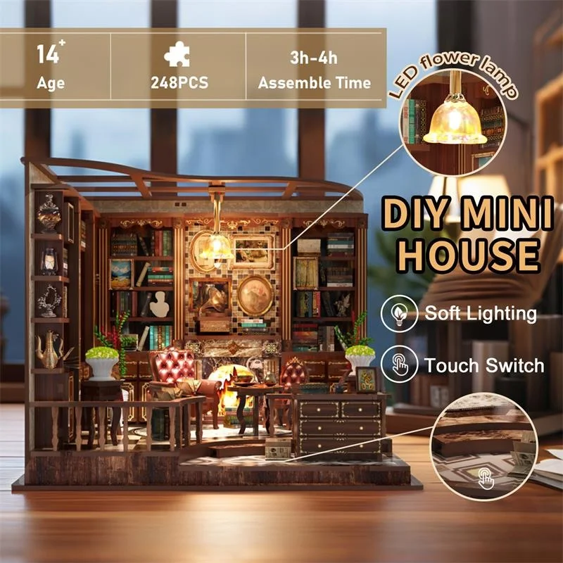 Bricolage rive gauche salle d'étude chalet maisons de poupée en bois Miniature modèle Kit 3D Puzzle maison de poupée avec meubles pour amis cadeaux