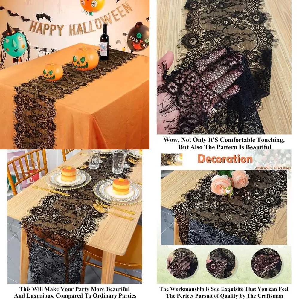 

120 Inch Bohemian Lace Runner - Rustic Wedding Decor, Christmas & Home Use, Floral Design, Washable Black Fabric