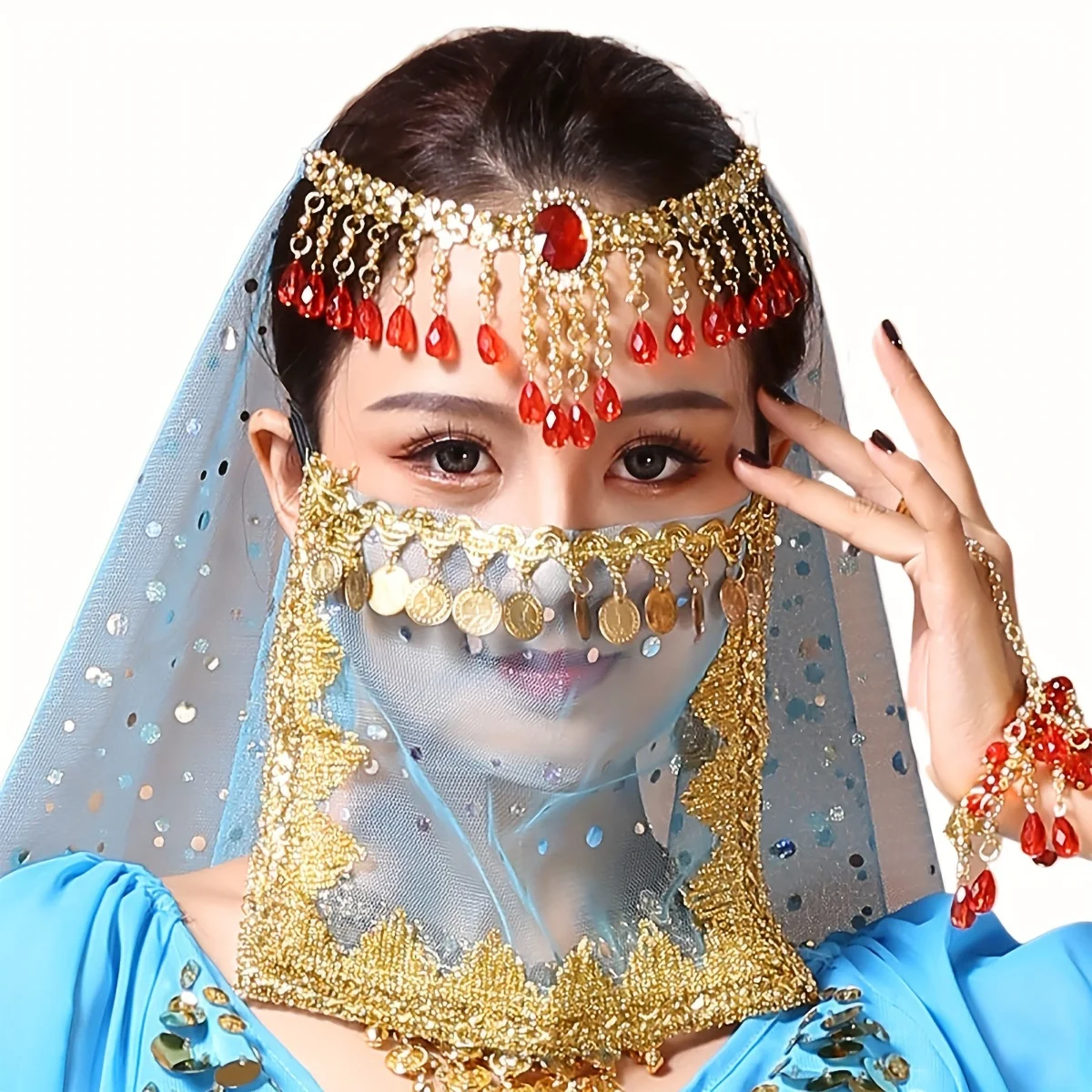 Women\'s Performance Mask Belly Dance Coin Covering Face Mask Exotic Western Region Style Cosmaly Dance Decoration Props