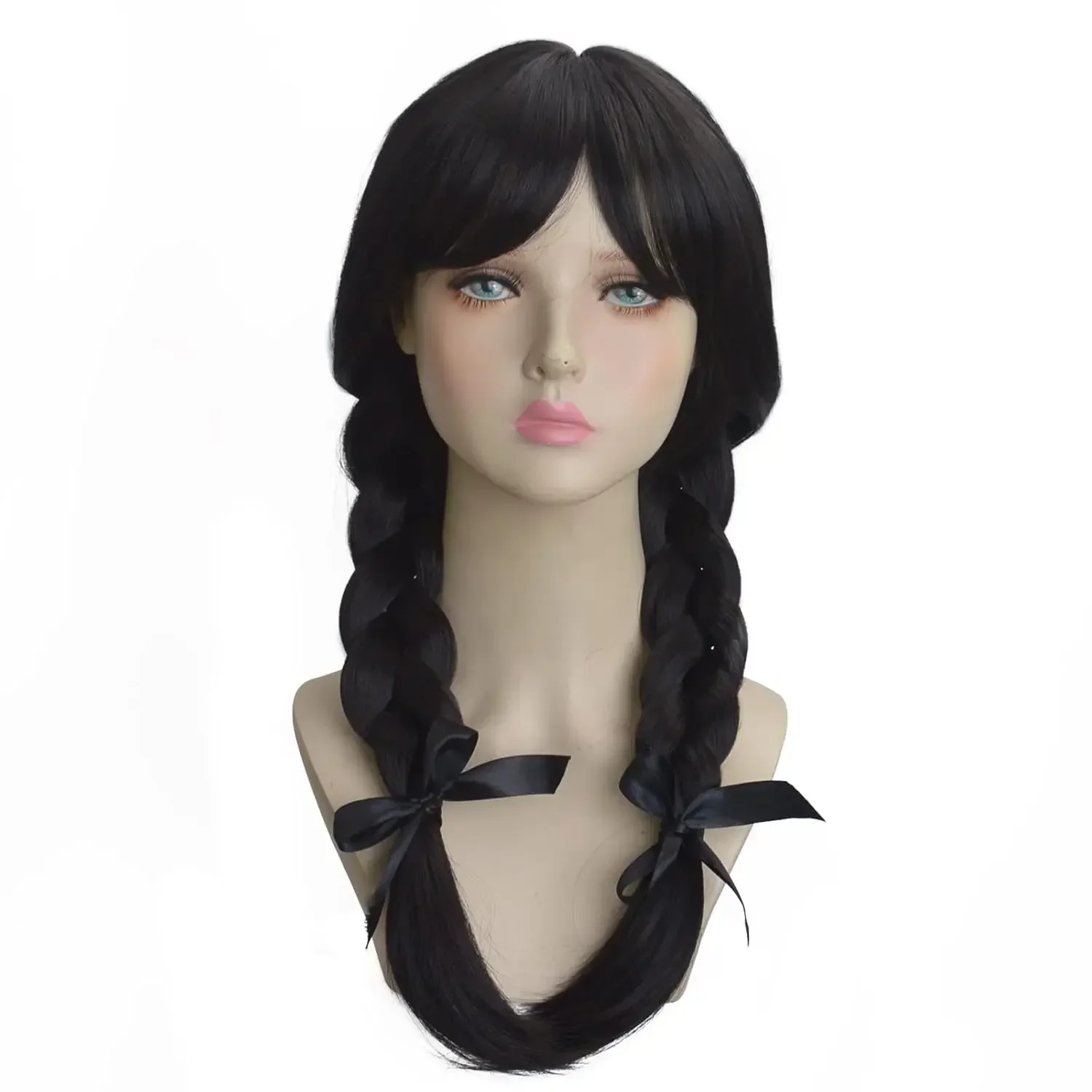 Black Braided Wigs with Bangs Long Black Pigtails Cosplay Wig Synthetic Hair for Halloween Costume Anime Party