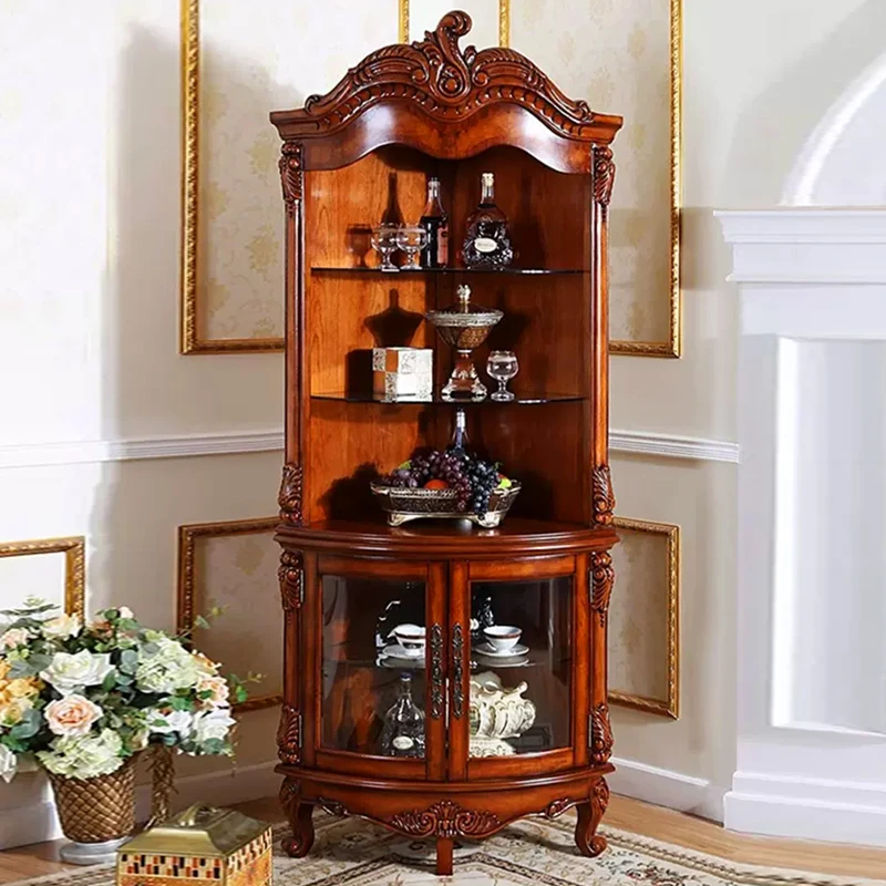 Solid wood triangular cabinet, carved living room display cabinet, retro storage, dining side cabinet against the wall, large.