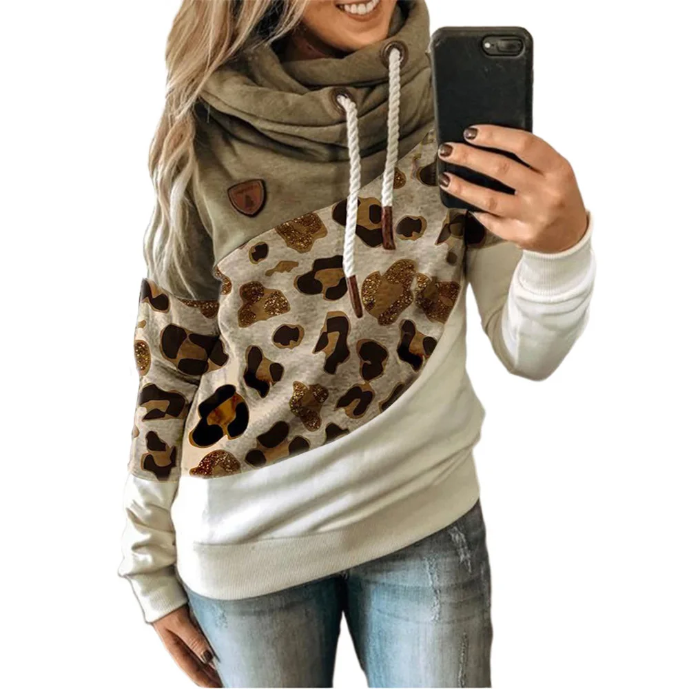 Turtleneck Patchwork Hoodies Women Casual Fashion Long Sleeve Leopard Printed Hooded Sweatshirts Female Winter Warm Pullovers