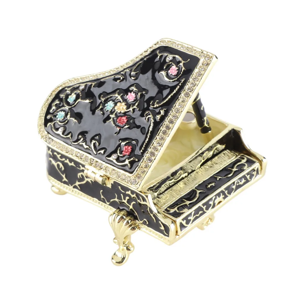 Miniature Size Mini Trinket Box Enamel Painted Finish Piano Shape Design Jewelry Organizer Box Alloy Material Rhinestone Inlay