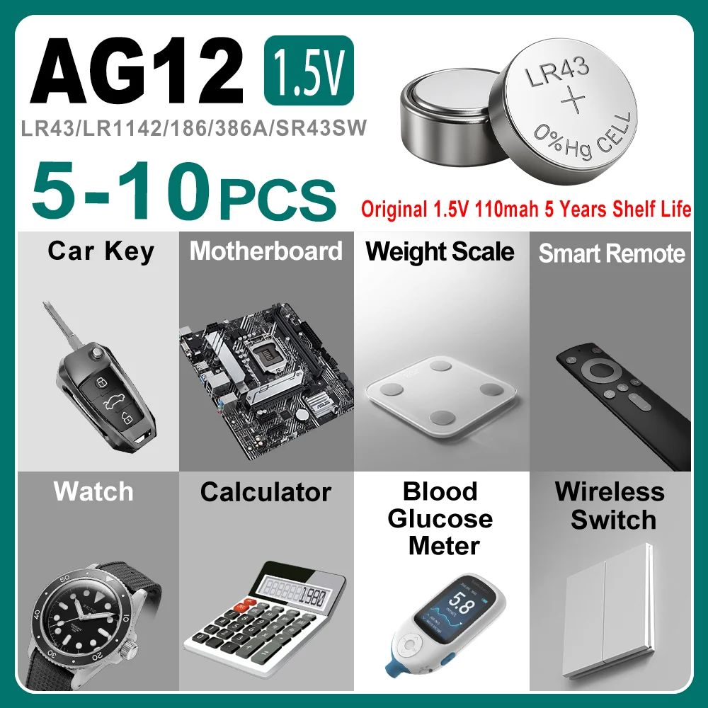 5-10PCS New AG12 LR43 1.55V Lithium Batteries 301 386 L1142 Environmental Protection Button Battery for Watch Battery Remote