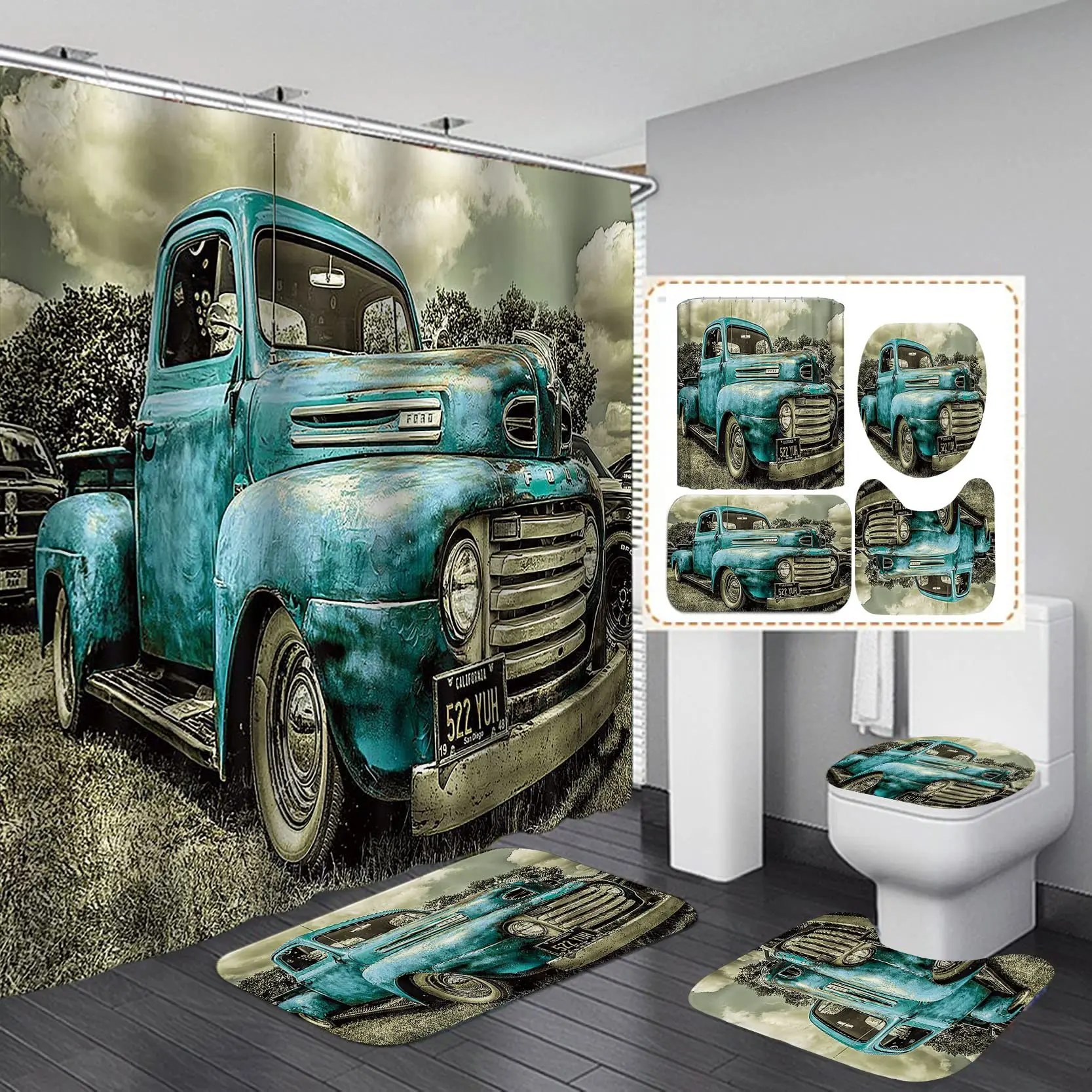 Vintage Teal Farm Truck Shower Curtain Set Antique Car Country Ranch Rustic Farmhouse Bathroom Curtains Decor Polyester Fabric
