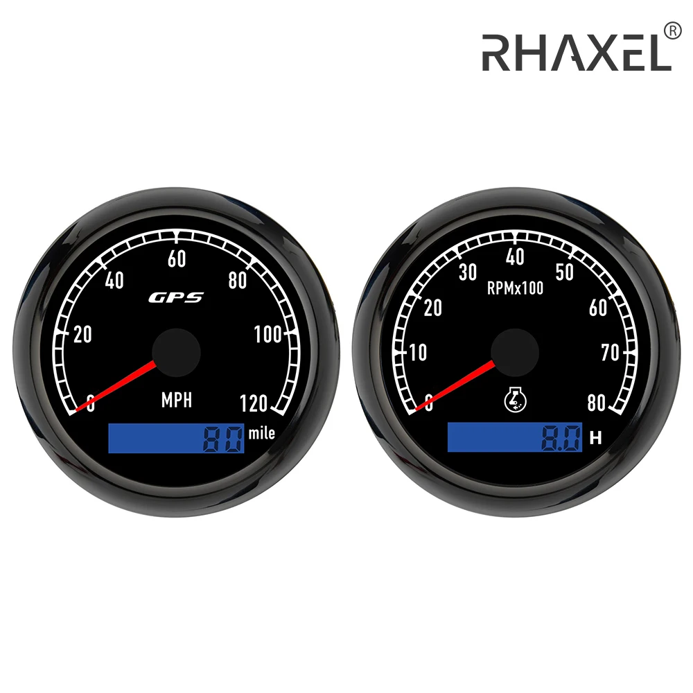 

RHAXEL 80mm 2 Gauge Kit 80MPH 120MPH GPS Speedometer Odometer Tachometer 6000RPM 8000RPM with LCD Hour Meter 12V 24V for Auto RV