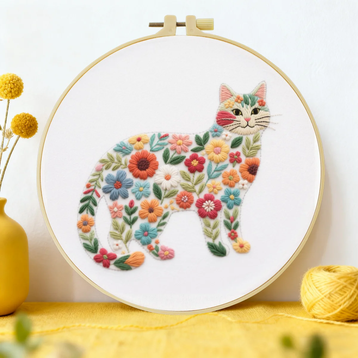 1 Stück 20X20CM/15X15CM 7,87/6,3 Zoll Ein aus Blumen bestehendes Katzen-Bild Stickerei-Starter-Kit DIY-Kit DIY-Stickerei-Kit Handarbeiten – Detail 1