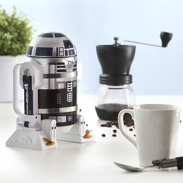 R2-d2 만화 스타워즈 로봇 사무실 가정용 수동 열 스테인레스 스틸 프레스 미니 커피 포트, 960ml 모카 핸드 커피 메이커