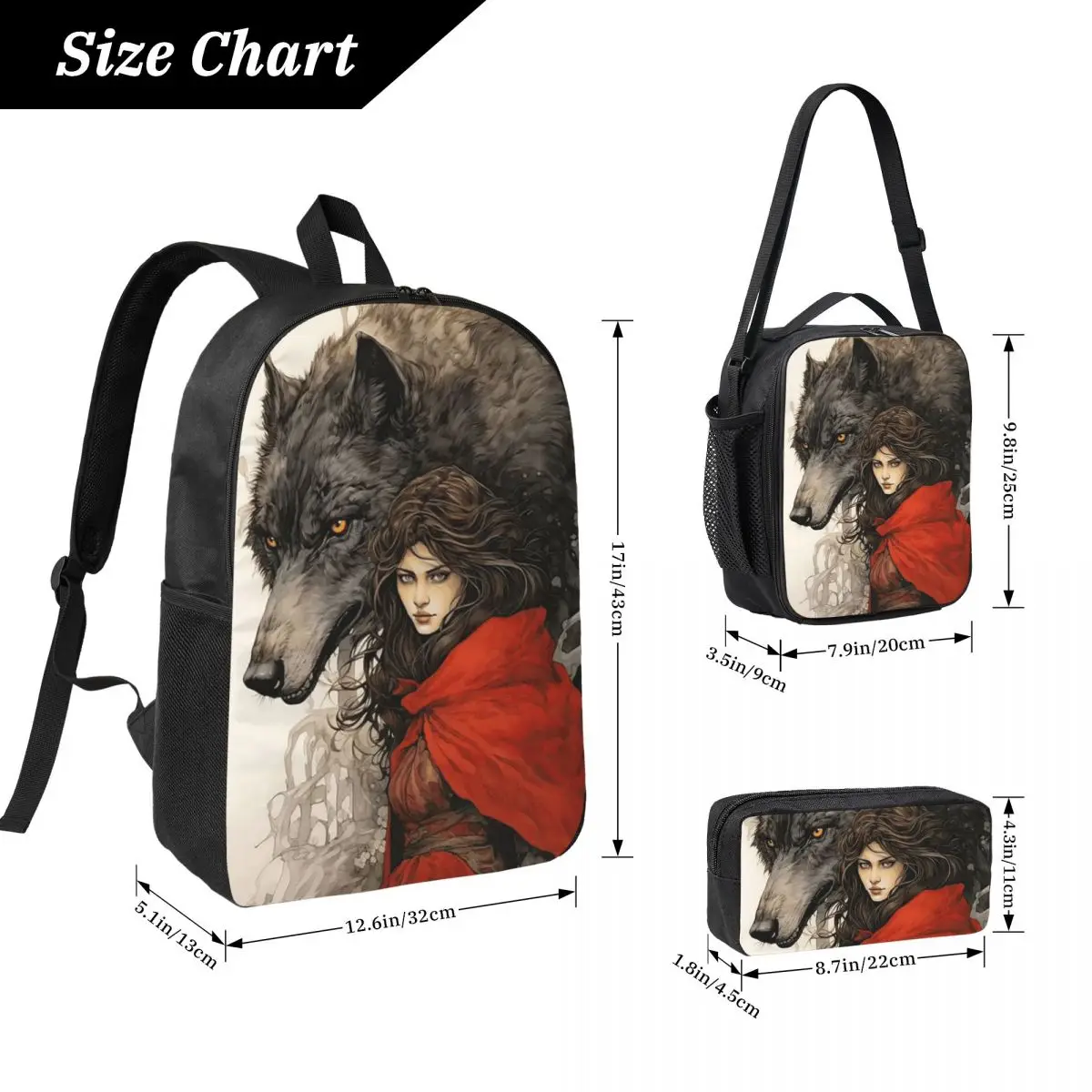 Little Red Riding Hood And Wolf Backpack Boys Girls BookBag School Bag Laptop Shoulder Bags 3ps Insulated Lunch Bag Pencil Case