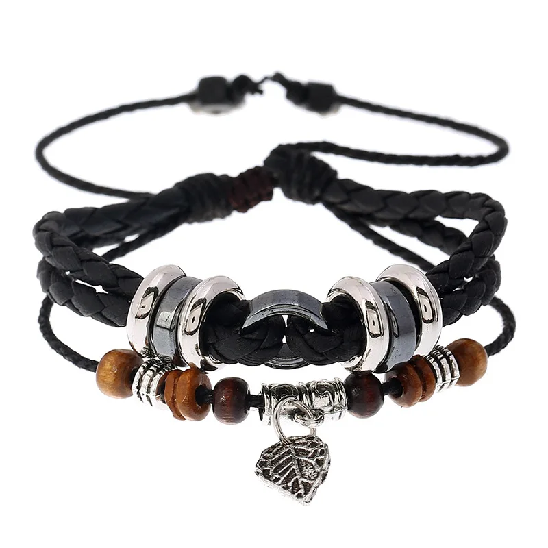 bracelet leaf Jewelry, Simple Multi-Layered Braided Leather Bracelet, Personalized Trendy Maple Leaf Hip-Hop Leather Bracelet, H