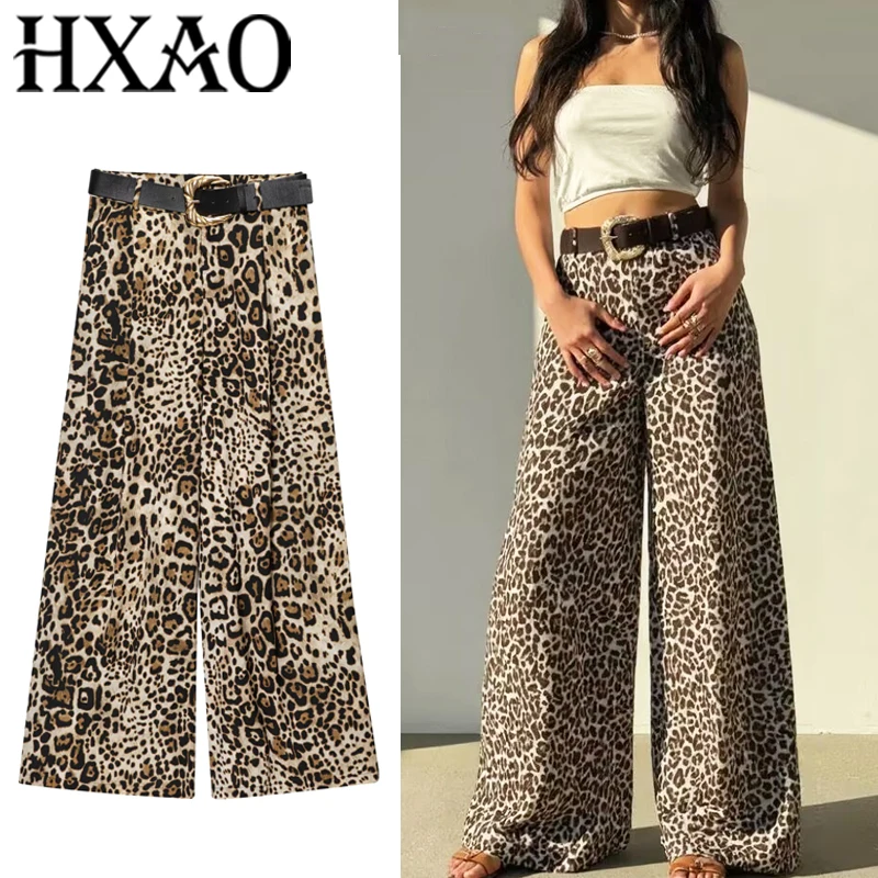 HXAO Hose mit Tiermuster, Vintage-Stil, weite Hose für Damen, modisch, Sommergürtel, Y2K-Leoparden-Fluid-Hose, Satin, lange Hose