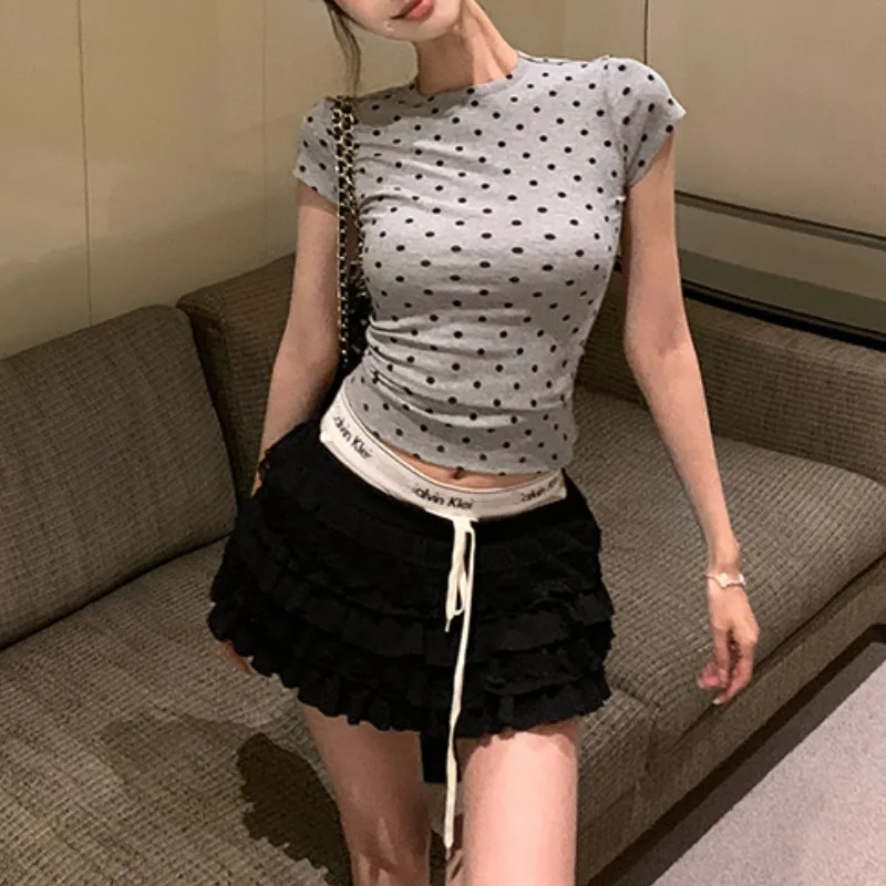 

Vintage Korean Retro High Street Grey Polpolo Dot Short-sleeved T-shirt + Lace-up Mini Cake Skirt Suit 2 Pieces Sets Y2k Suit