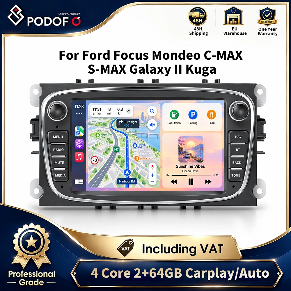Autoradio Android Podofo con schermo touchscreen capacitivo da 7 pollici, 2 GB di RAM e 64 GB di memoria, navigazione GPS, WiFi, Bluetooth, FM, RDS, lettore musicale USB, CarPlay wireless, Android
