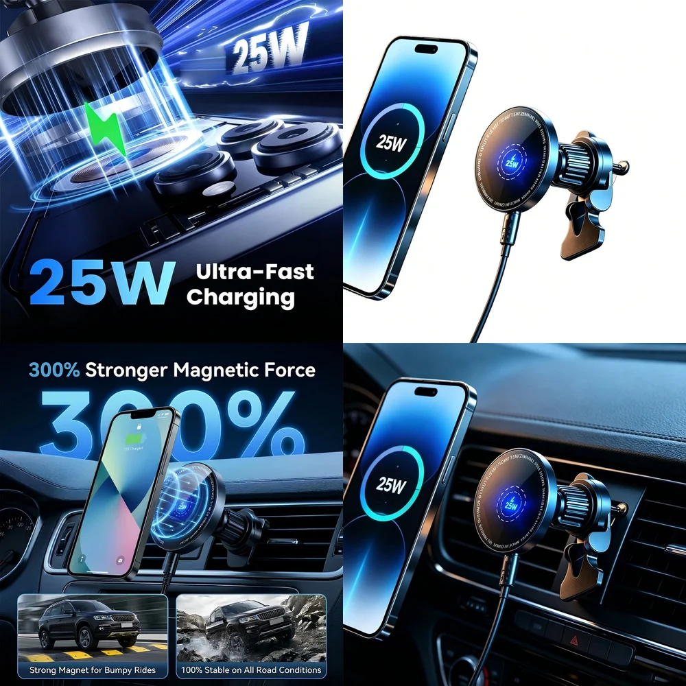 25W Magnetic Wireless Car Charger Super Fast for iPhone 17 16 15 14 13 12 Pro Max Models Air Vent Phone Holder 360 Rotation