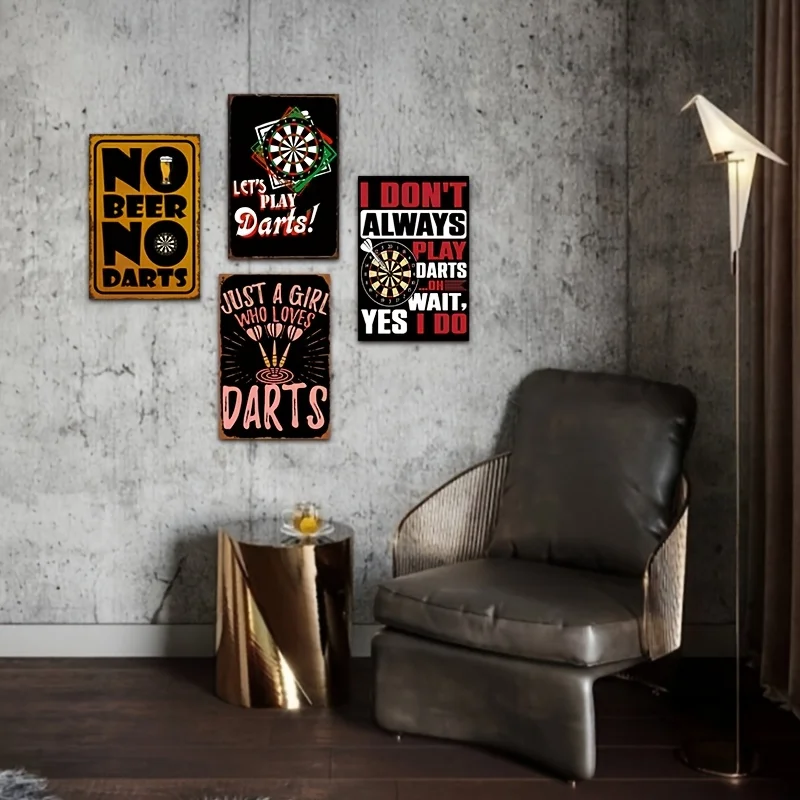 4pcs Vintage Dart Board Metal Wall Signs - Retro Dart Player Plaques For Man Cave, Game Room, Bar Decor - Heavy-Duty Iron Dart