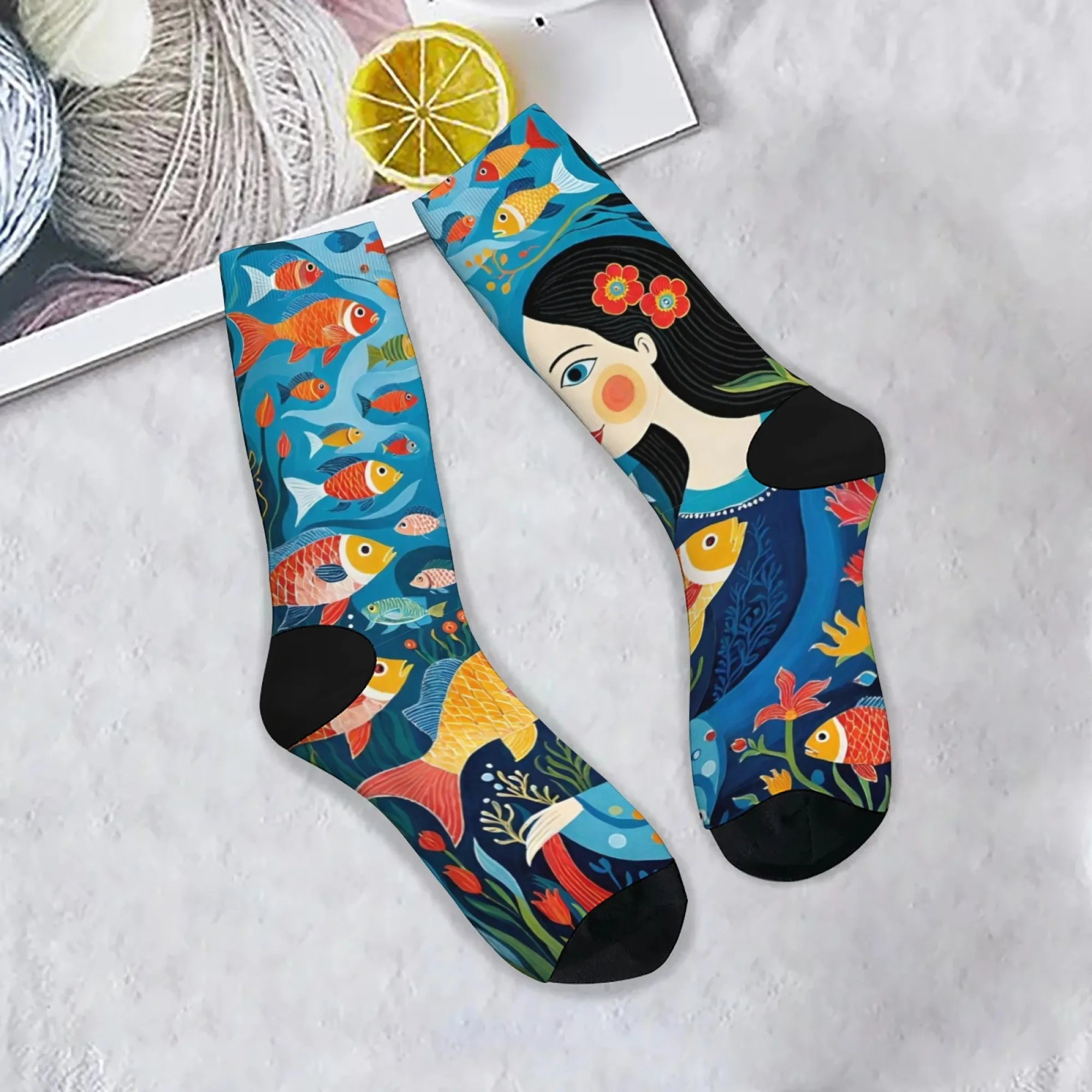 Fairytale Ocean World Abstrakte Kunst-Socken, Harajuku-Retro-Stil, lässige Sportmode, Herrensocken, neuartige, lustige, fröhliche Crew-Socken