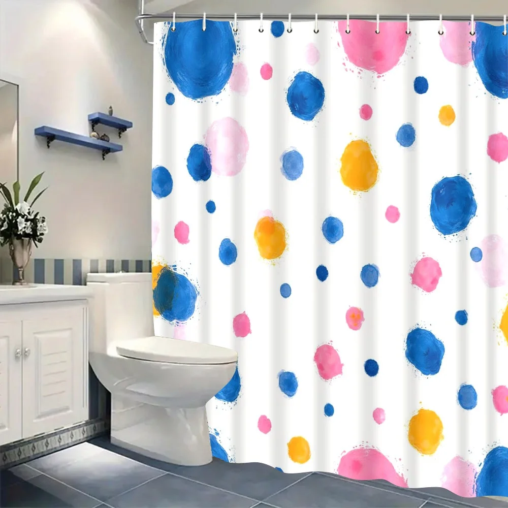 Watercolor Dot Shower Curtain – Blue, Pink Yellow Abstract Spots, 12 Hooks, Grommet Top, Machine Washable, Modern Bathroom Decor