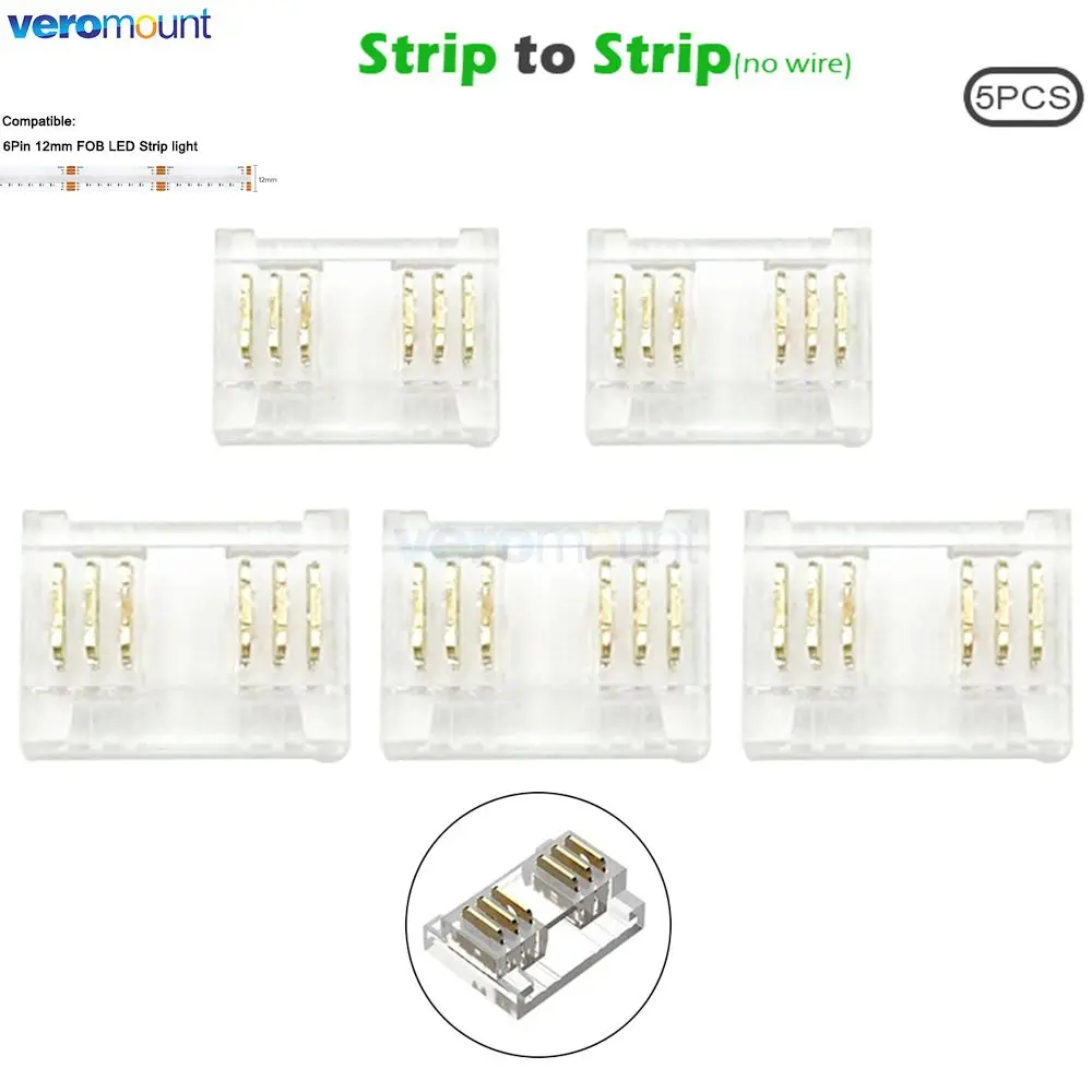 6pin COB Strip Fast Connector RGBCCT FCOB LED Tape 12mm Width Strip to Strip or Strip to Wire Solderless Connector Corner Joint