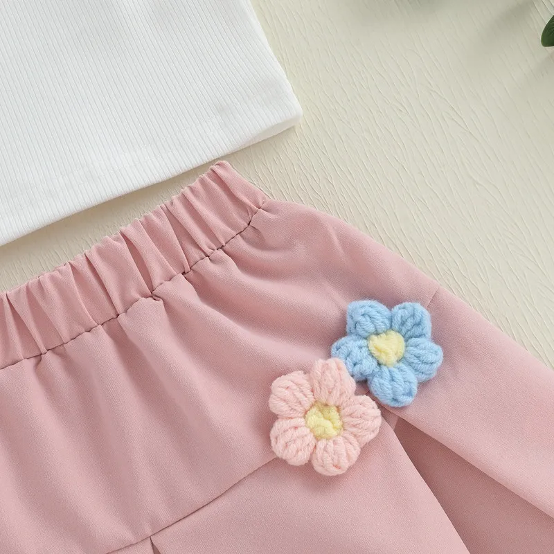 RUEWEY 6 ヶ月から 4 歳のキッズガールズスカートセット夏服かぎ針編みフラワーパフ半袖 T シャツと A ラインスカート